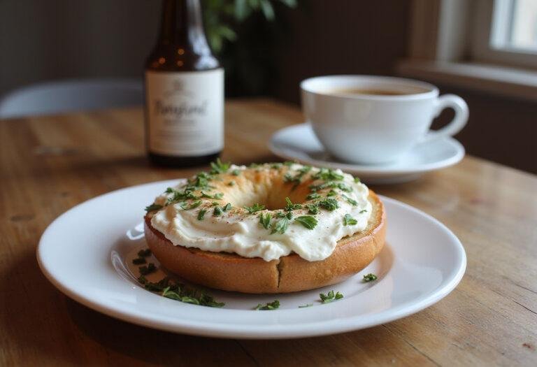 Deliciously served toasted bagel with cream cheese, perfect for breakfast or brunch.