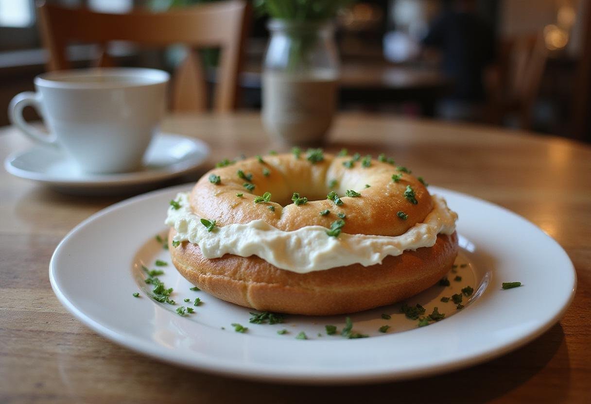Deliciously served toasted bagel with cream cheese, perfect for breakfast or brunch.