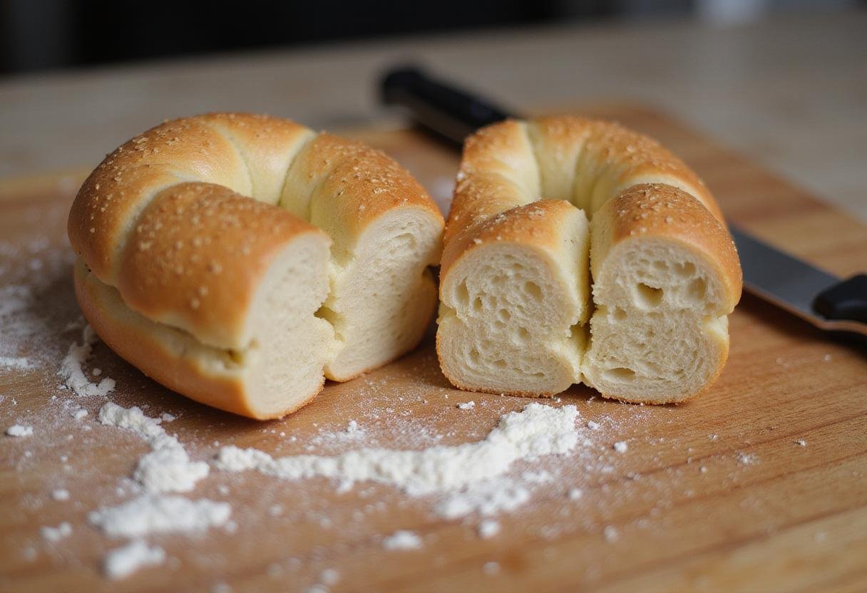 Slicing a bagel in half for the perfect toasted bagel preparation.