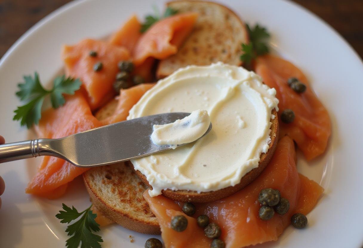 Spreading cream cheese on a perfectly toasted bagel ready for toppings.