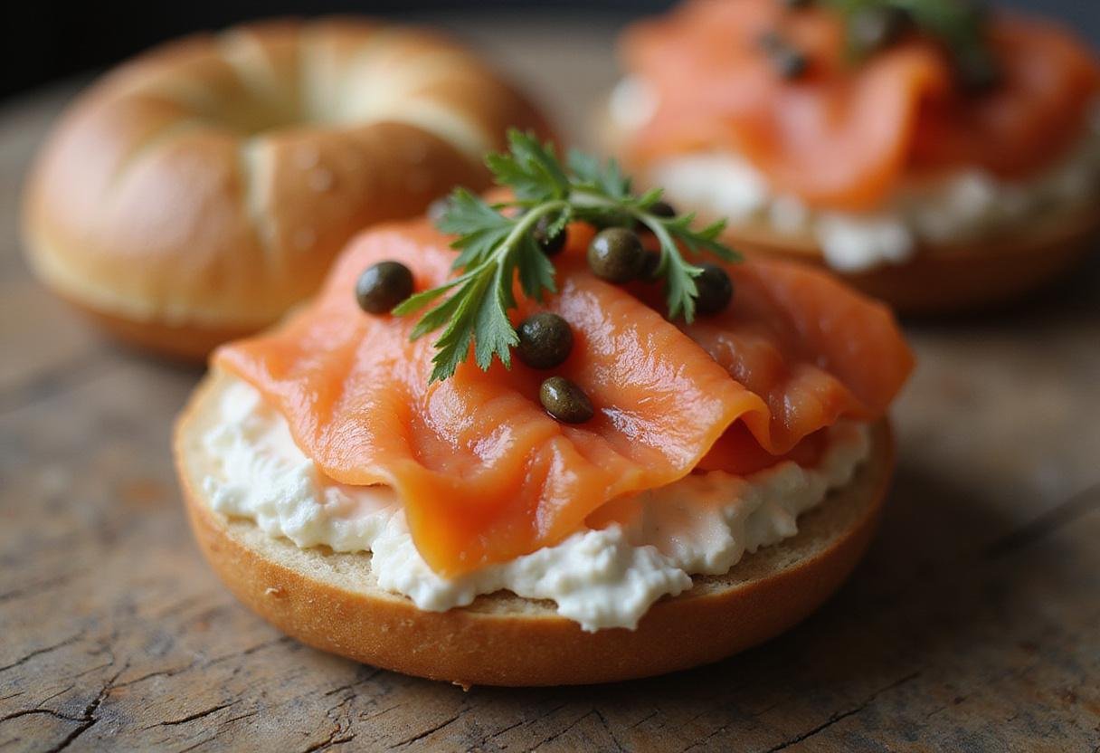 Beautifully plated toasted bagel with cream cheese and toppings for a delicious brunch.