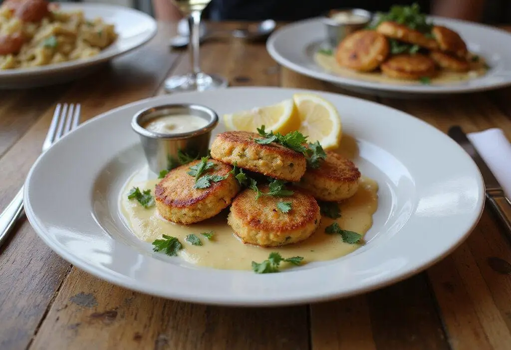Final presentation of Phillips crab cakes on a rustic wooden table with tartar sauce and lemon wedges for an appetizing meal.