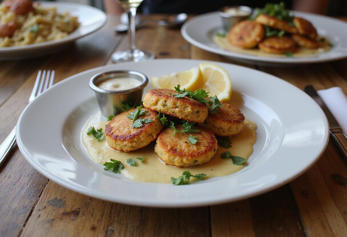 Final presentation of Phillips crab cakes on a rustic wooden table with tartar sauce and lemon wedges for an appetizing meal.