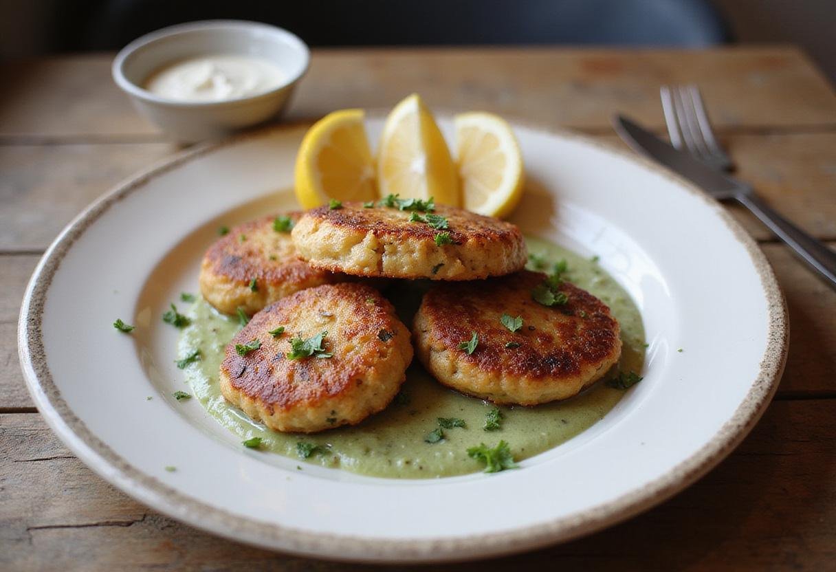Final presentation of Phillips crab cakes on a rustic wooden table with tartar sauce and lemon wedges for an appetizing meal.