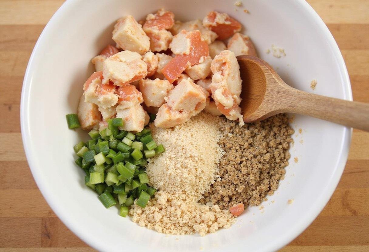 Phillips crab cakes preparation with lump crab meat and breadcrumbs in a mixing bowl on a wooden cutting board.