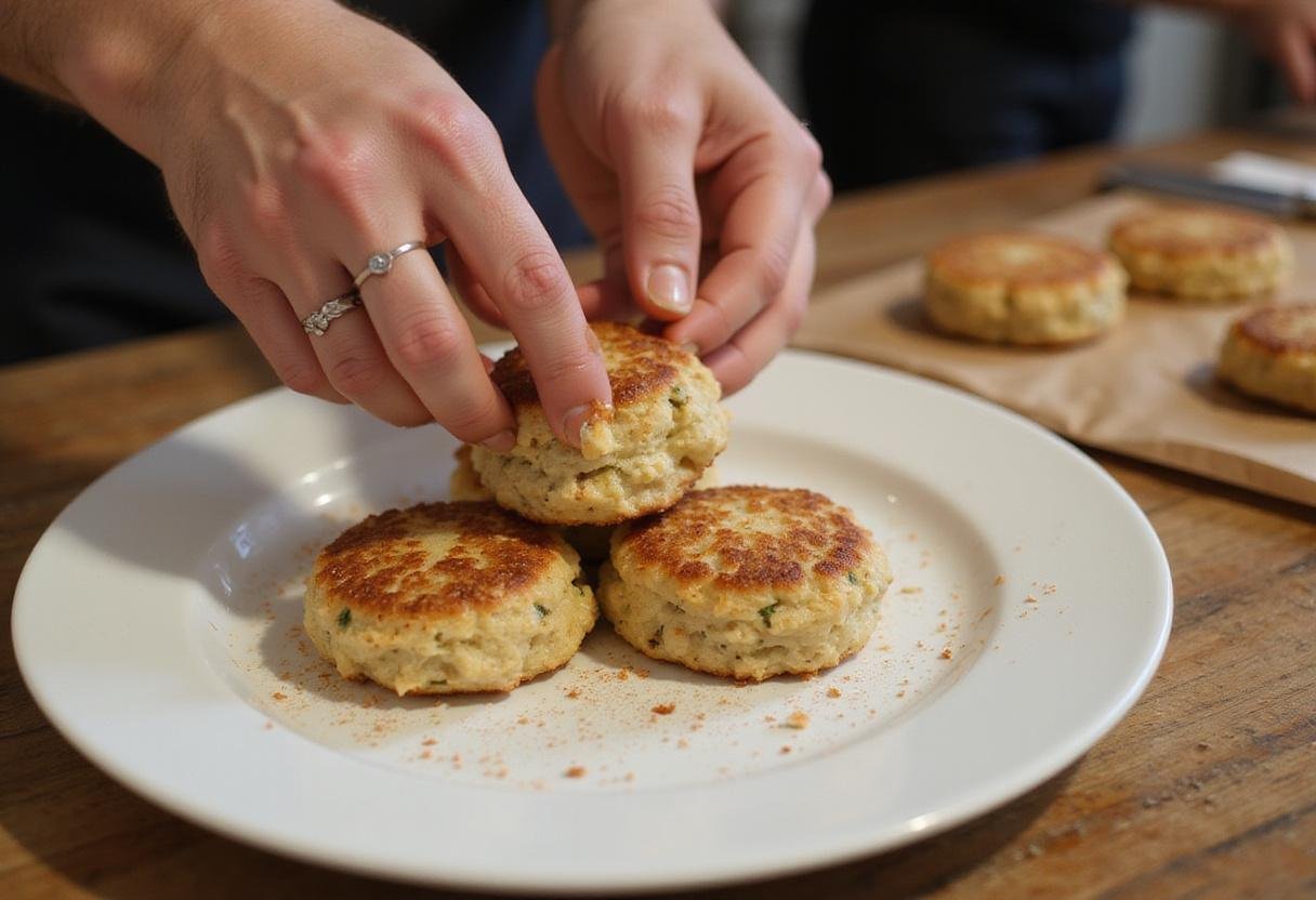 Crafting Phillips crab cakes with seasoned mixture on a plate surrounded by fresh ingredients for a delicious dish.