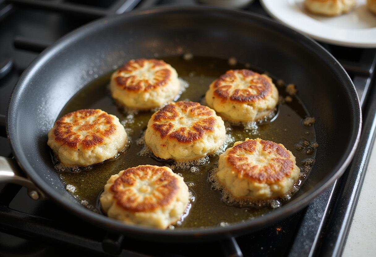 Cooking Phillips crab cakes in a pan, showcasing the golden brown color as they sizzle in olive oil on the stovetop.
