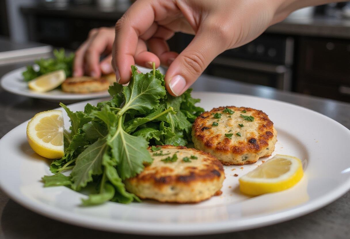 Serving Phillips crab cakes alongside a fresh salad, garnished with herbs and lemon slices for a delightful presentation.
