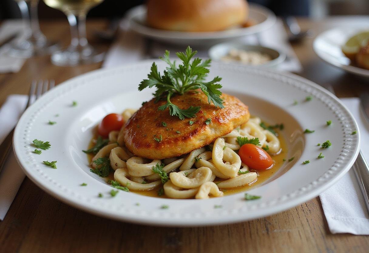 An elegantly presented finished dish of pinch me delicious recipes, garnished with herbs, ready to be served on a dining table.