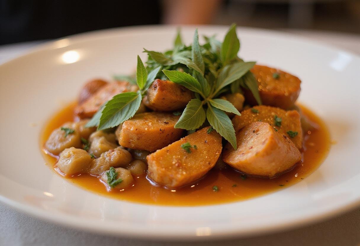 An elegantly presented finished dish of pinch me delicious recipes, garnished with herbs, ready to be served on a dining table.