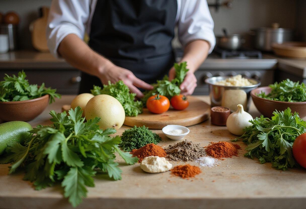 Fresh ingredients for pinch me delicious recipes including herbs and vegetables arranged on a kitchen countertop.