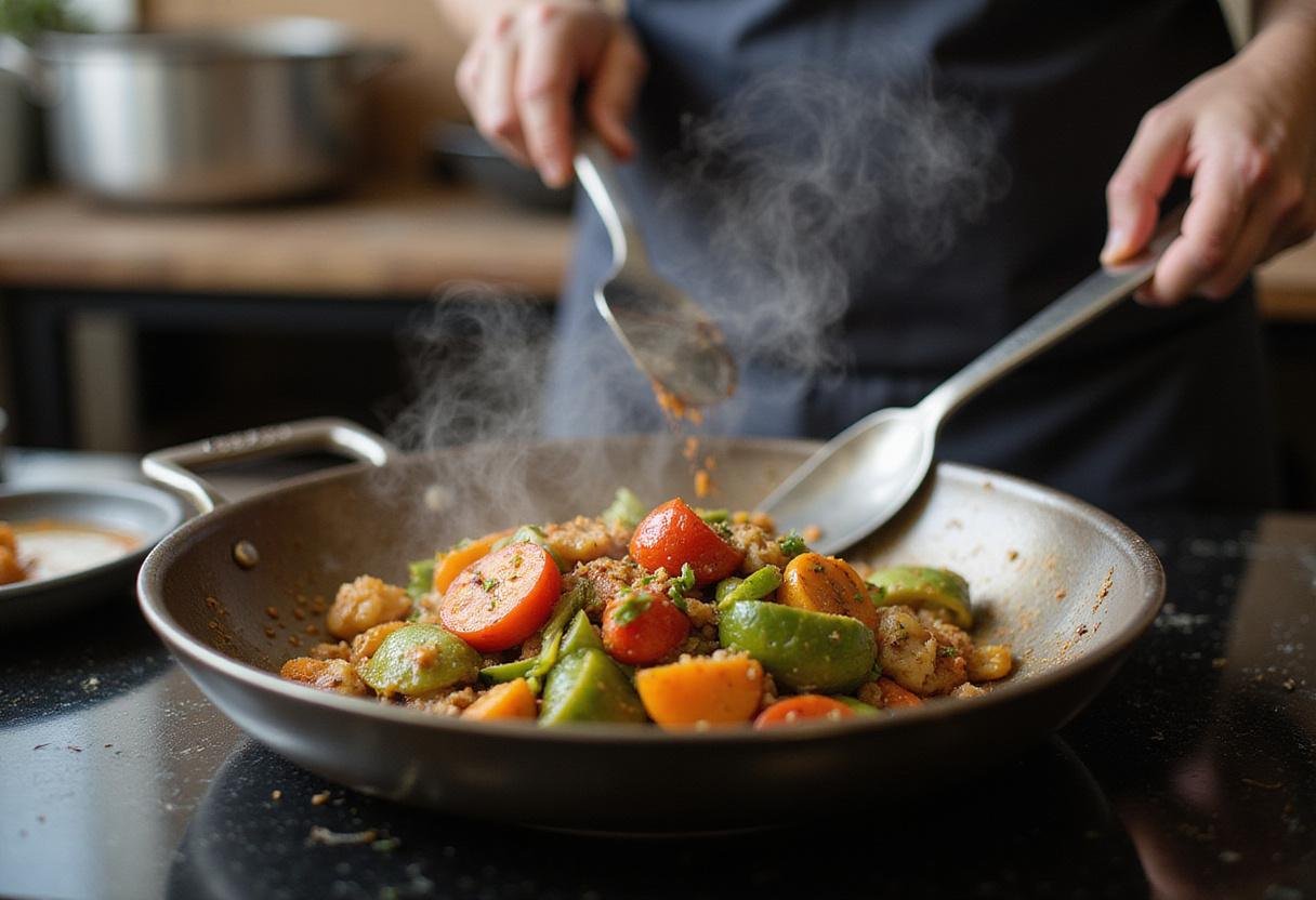 Chef cooking vegetables and spices in a pot, demonstrating how to create delicious pinch me recipes with aromatic flavors.