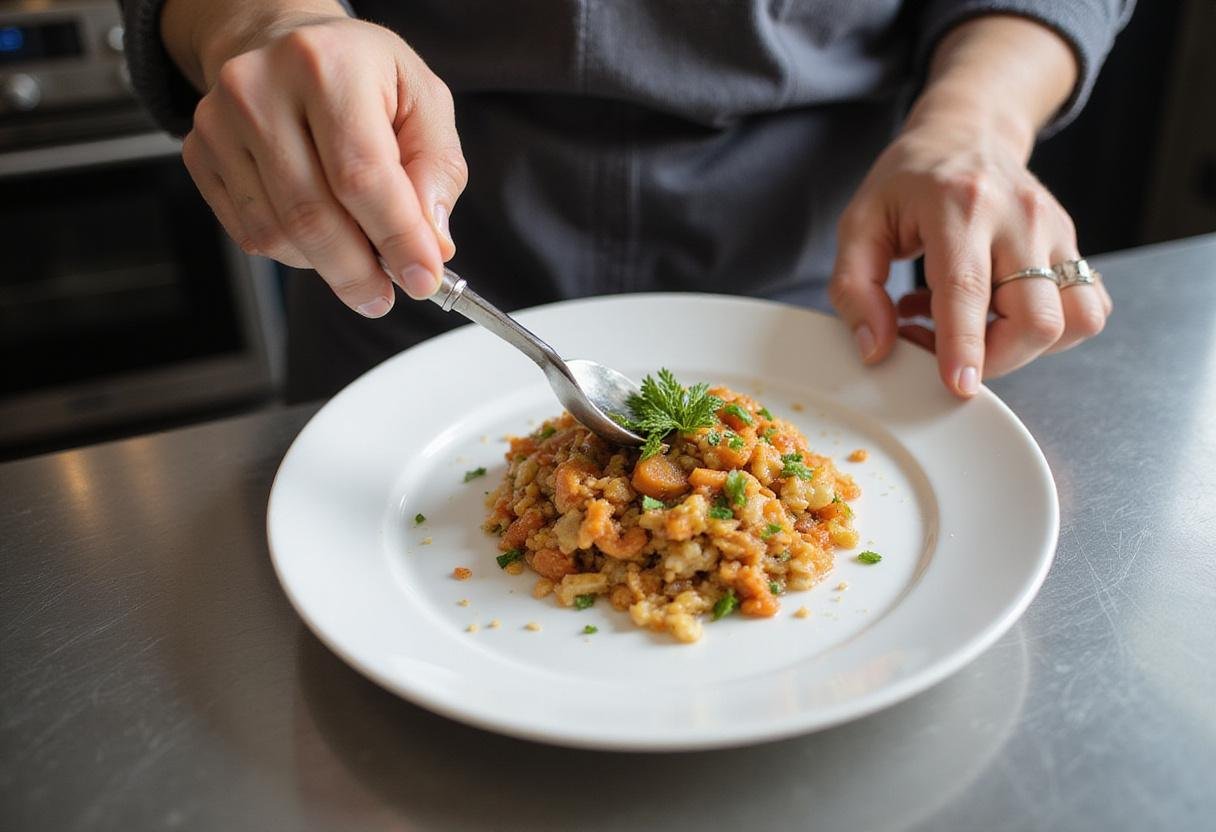 Chef plating a beautifully arranged dish, demonstrating the final touches for a delectable pinch me delicious recipe.