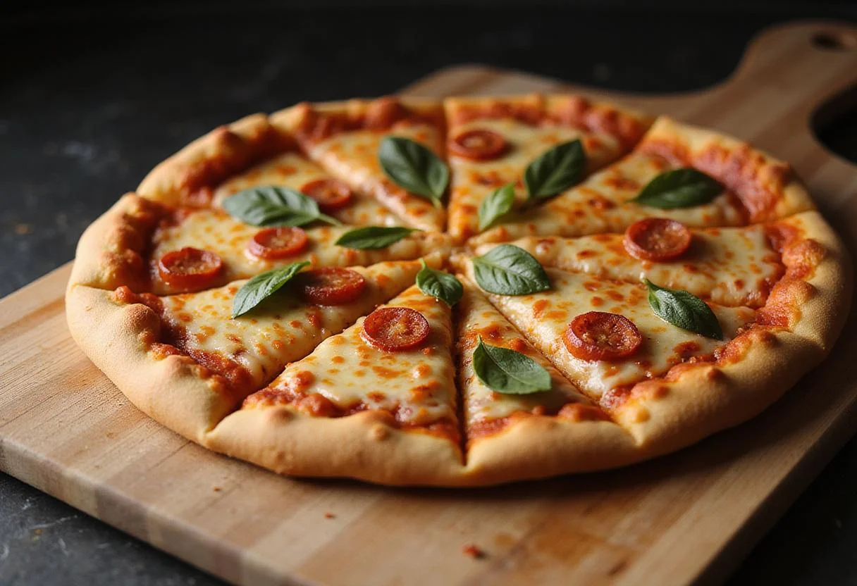 Deliciously baked pizza displaying melted cheese and vibrant toppings, representing a top choice from the pizza city menu.