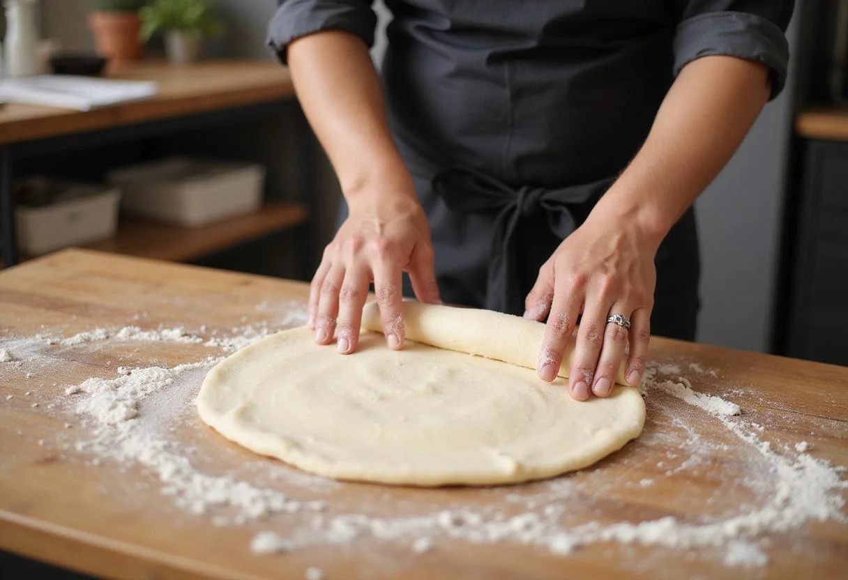 Freshly made pizza dough on a wooden countertop, highlighting the process of preparing a classic pizza as seen in a pizza city menu.