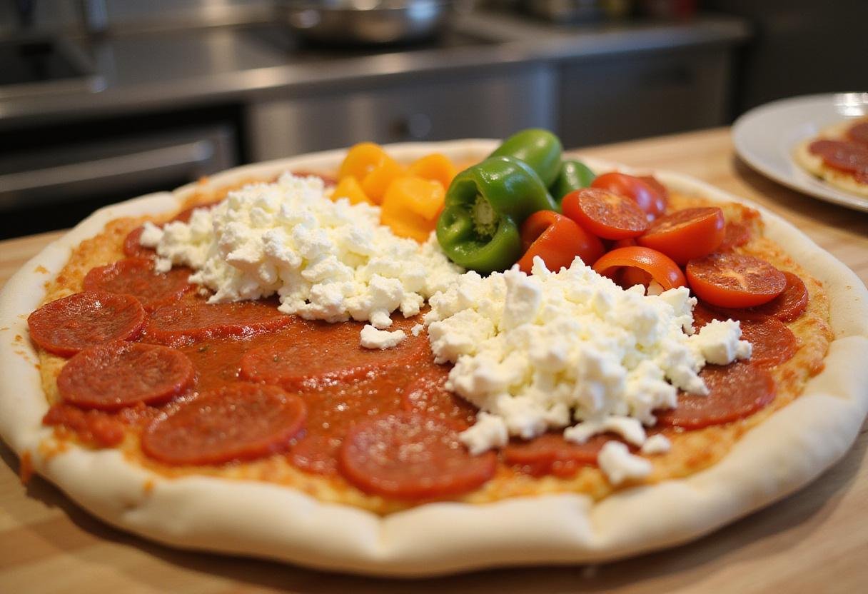 Vibrant pizza toppings like tomato sauce, mozzarella cheese, and peppers arranged on a counter for making the best pizza city menu.