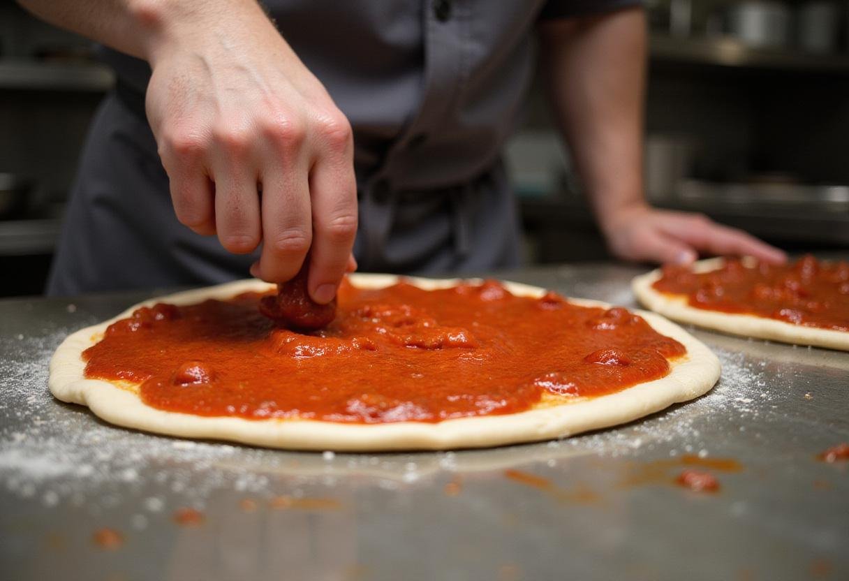 Tomato sauce being spread expertly on a pizza base, emphasizing the skills needed for the best pizza city menu.