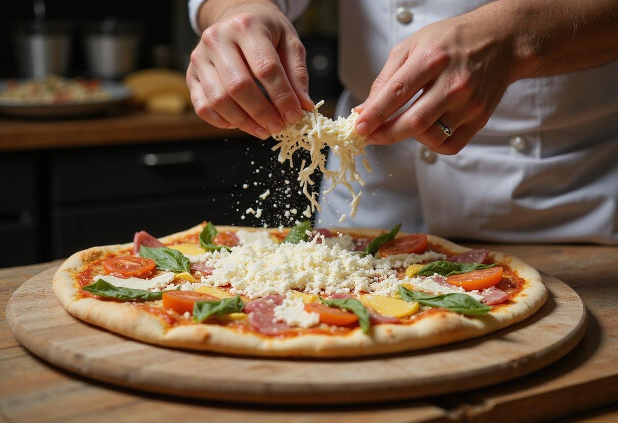 Cheese being generously added to a pizza topped with fresh ingredients, showcasing preparation for the best pizza city menu.