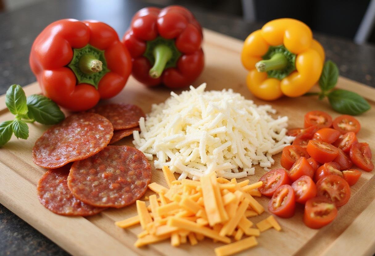 Colorful fresh toppings for pizza preparation, showcasing ingredients that could be found in a pizza house menu.