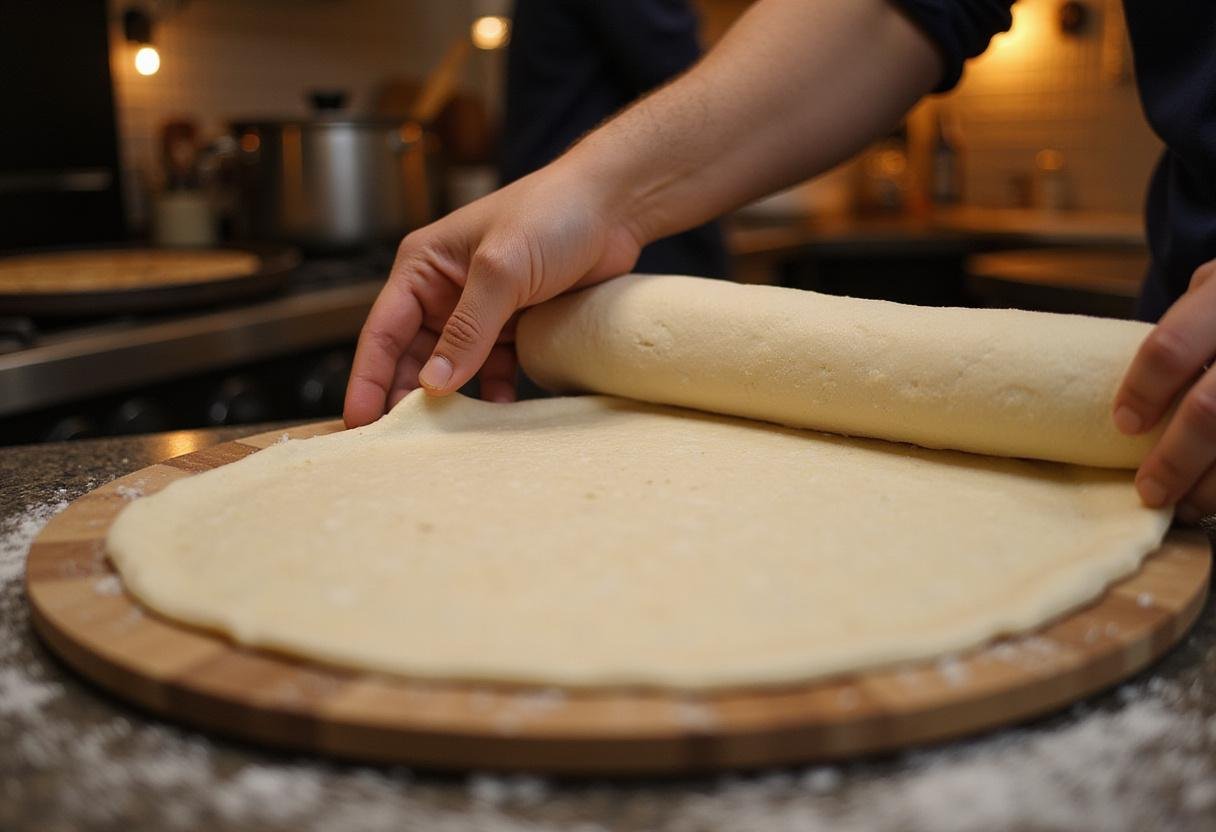 Stretching pizza dough on a peel, capturing the essence of crafting the best pizza like those on a pizza house menu.