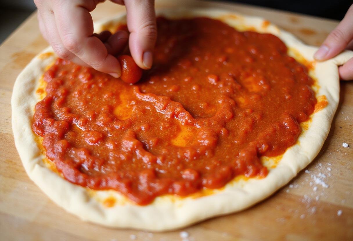 Spreading rich tomato sauce on pizza dough, a key step in creating the best pizza as you would find in a pizza house menu.