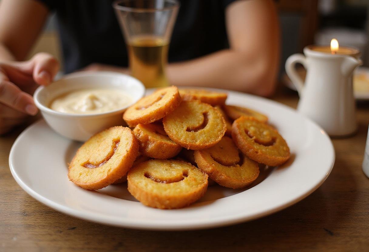 Delicious plate of crispy potato smiles served with dipping sauce, perfect for a fun snack, highlighting the finished smiley potatoes dish.