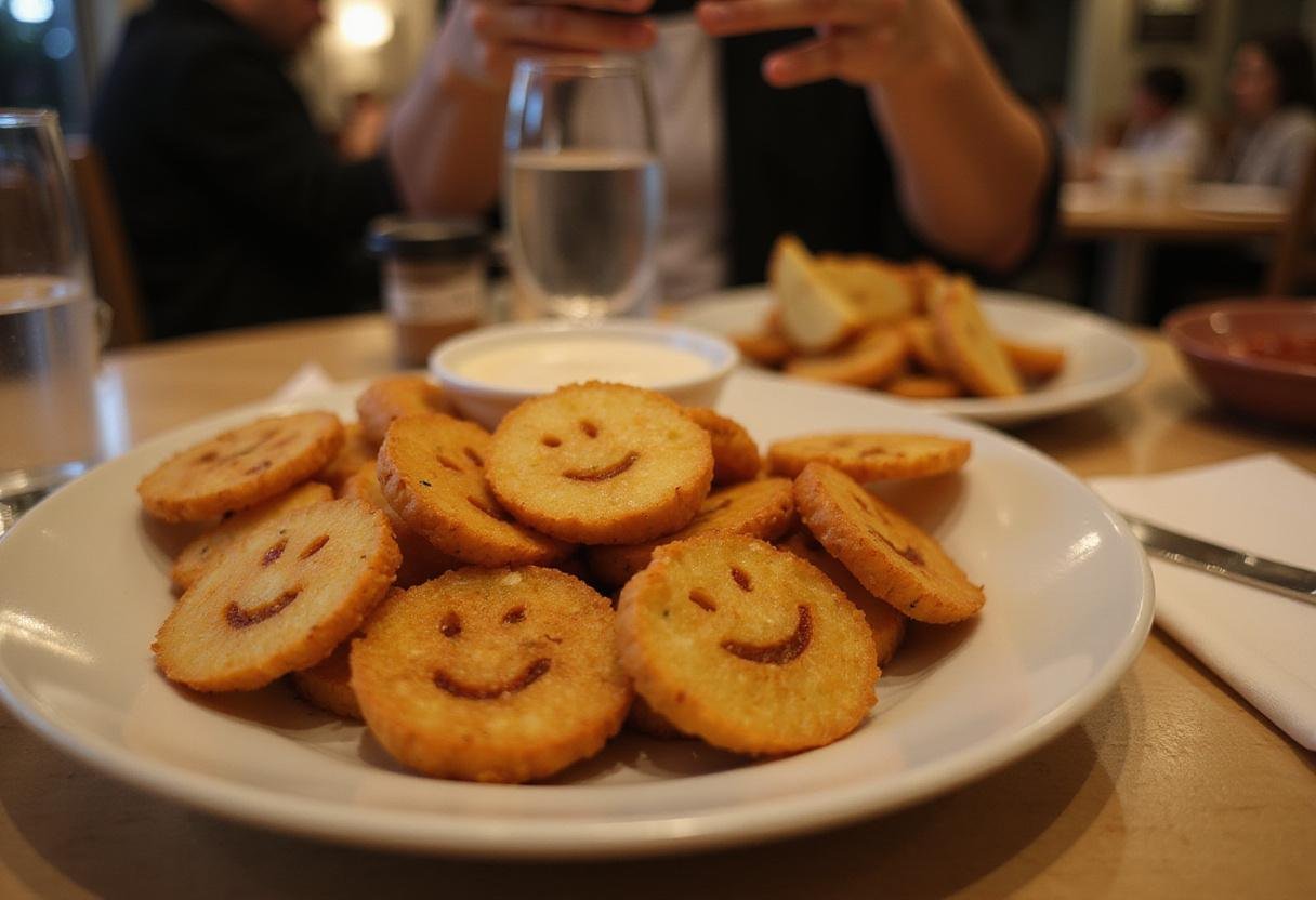 Delicious plate of crispy potato smiles served with dipping sauce, perfect for a fun snack, highlighting the finished smiley potatoes dish.
