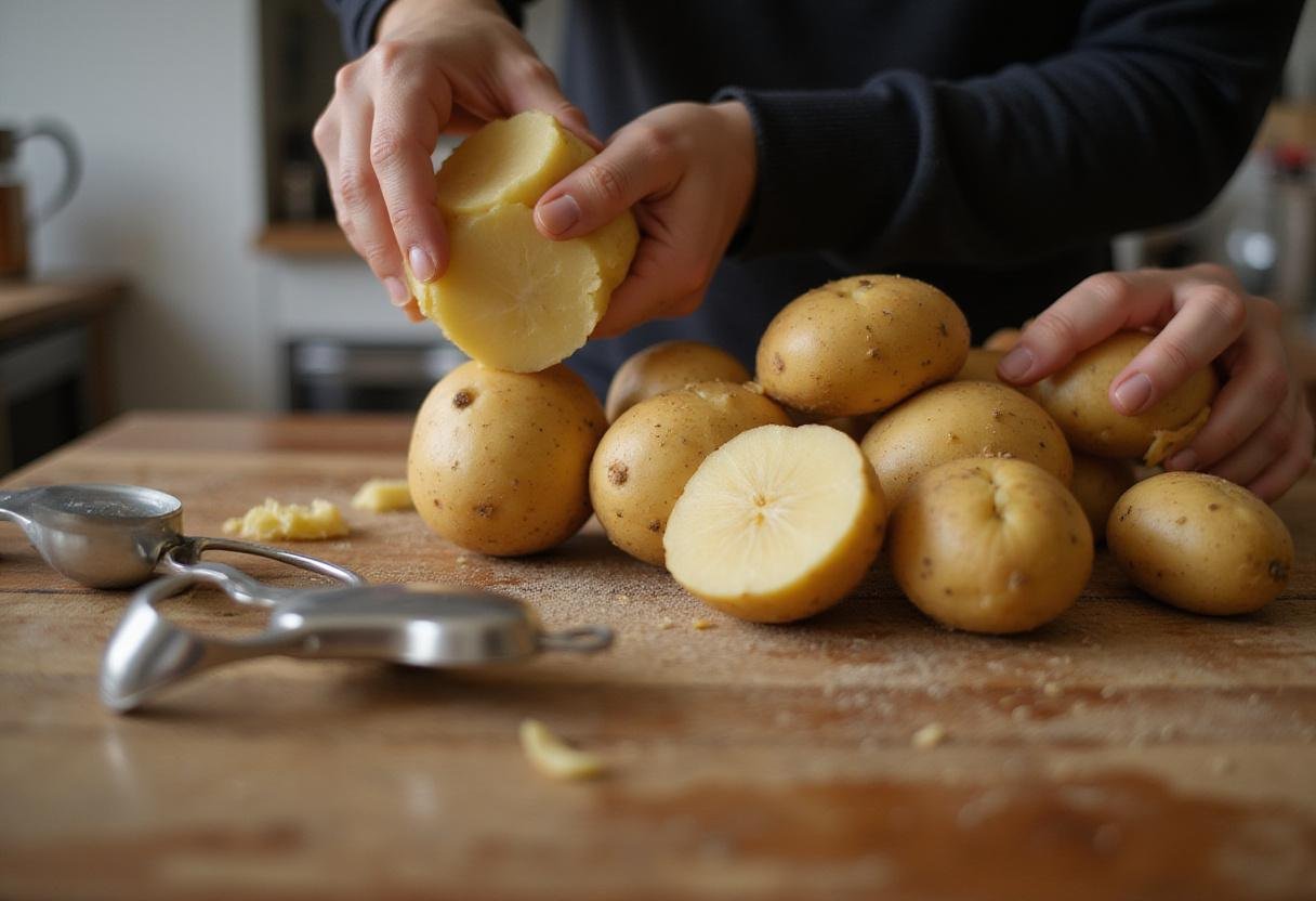 Fresh potatoes being peeled for preparing delicious potato smiles, showcasing the starting process of smiley potatoes.