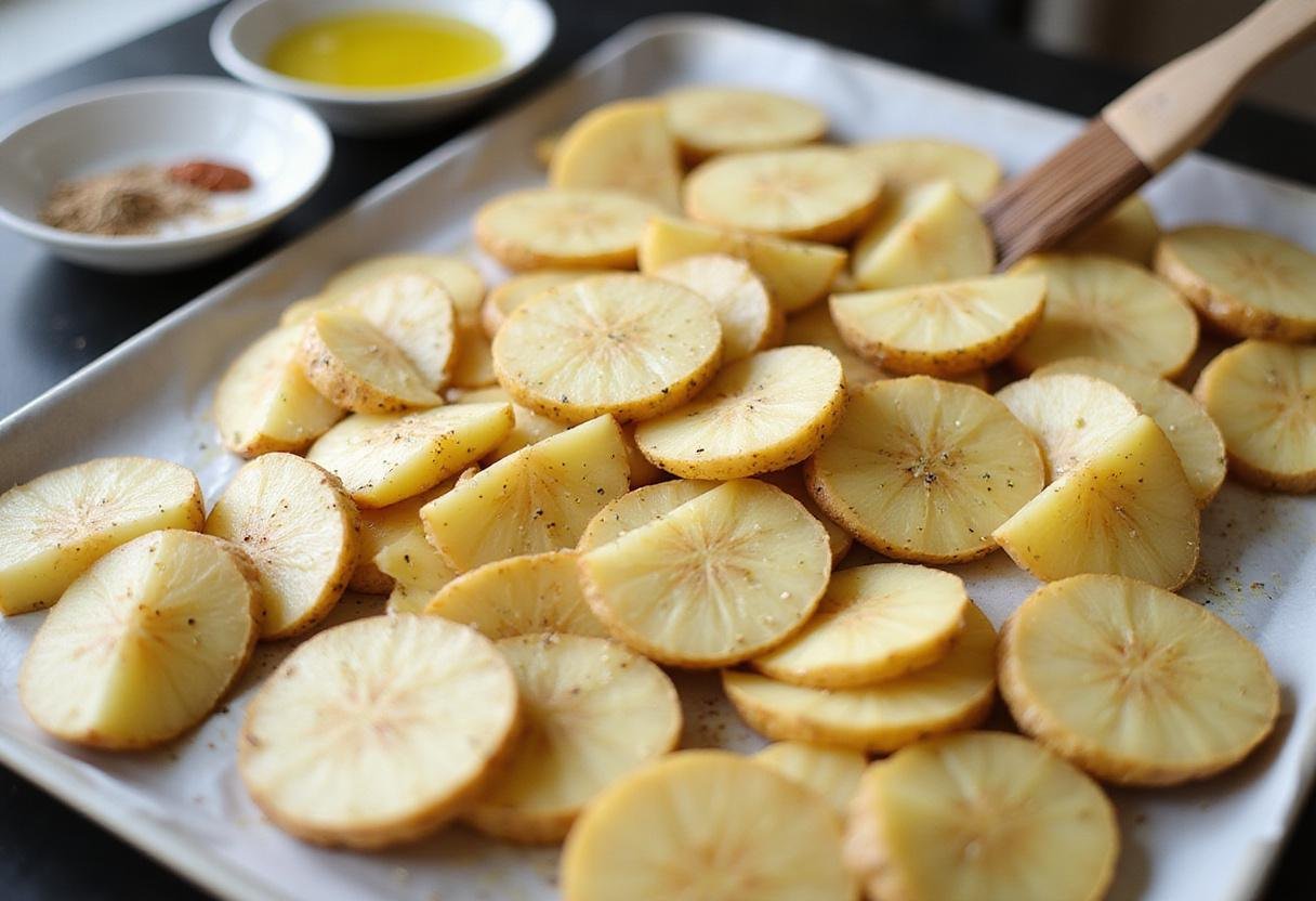 Sliced potatoes for making potato smiles, seasoned and ready for baking, highlighting the preparation stage for smiley potatoes snack.