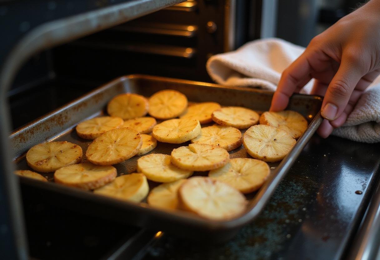 Golden-brown potato smiles coming out of the oven, illustrating the cooking process for perfect smiley potatoes.