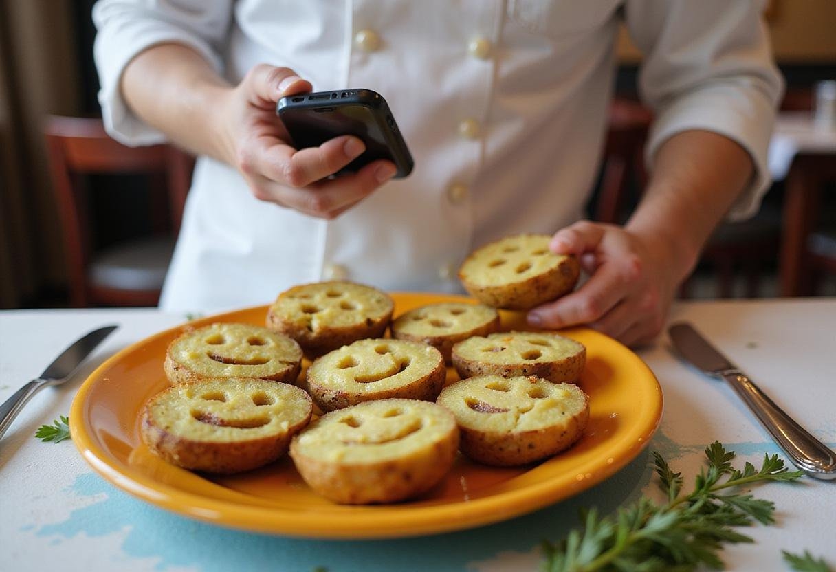 Baked potato smiles being plated with fresh herbs, showcasing the delightful presentation of smiley potatoes.