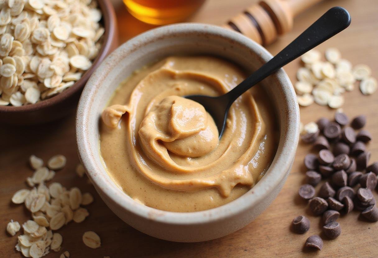 Ingredients for power peanut butter balls, including creamy peanut butter, oats, and honey on a wooden countertop.