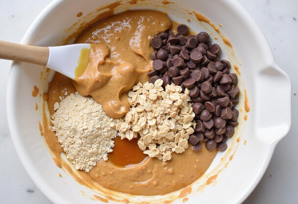 Mixing ingredients for peanut butter and oatmeal balls in a large bowl, showcasing a blend of oats, honey, and chocolate chips.