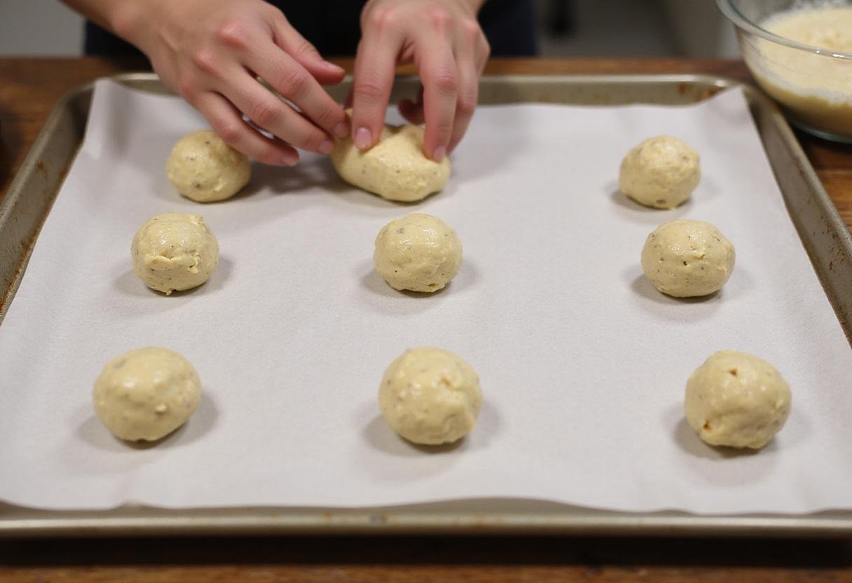Rolling power peanut butter balls on a parchment-lined tray, ready for refrigeration, demonstrating the preparation process.