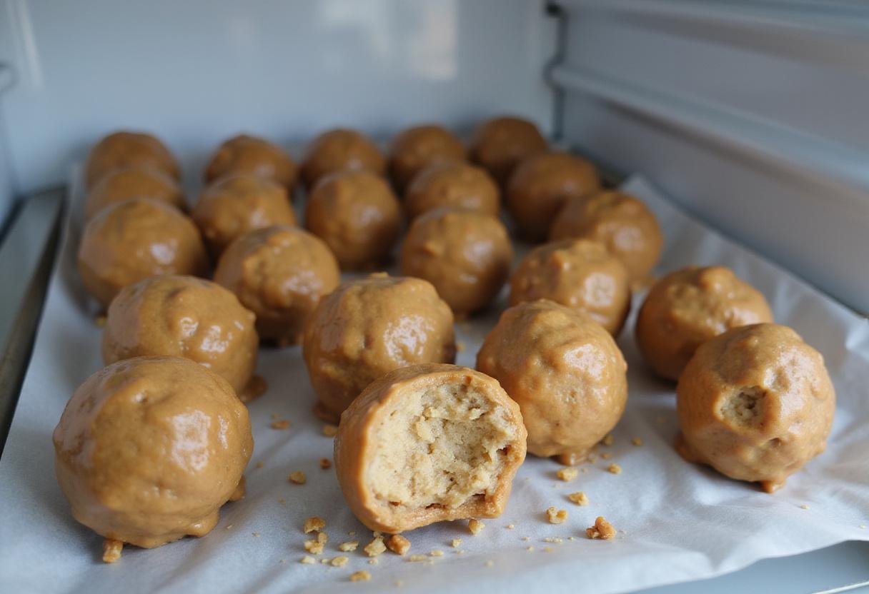 Chilling the prepared peanut butter and oatmeal balls in the refrigerator, highlighting the organized tray for optimal cooling.