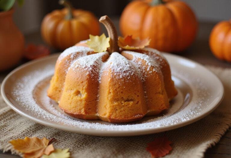 Deliciously decorated pumpkin shaped cake ready to serve for fall celebrations