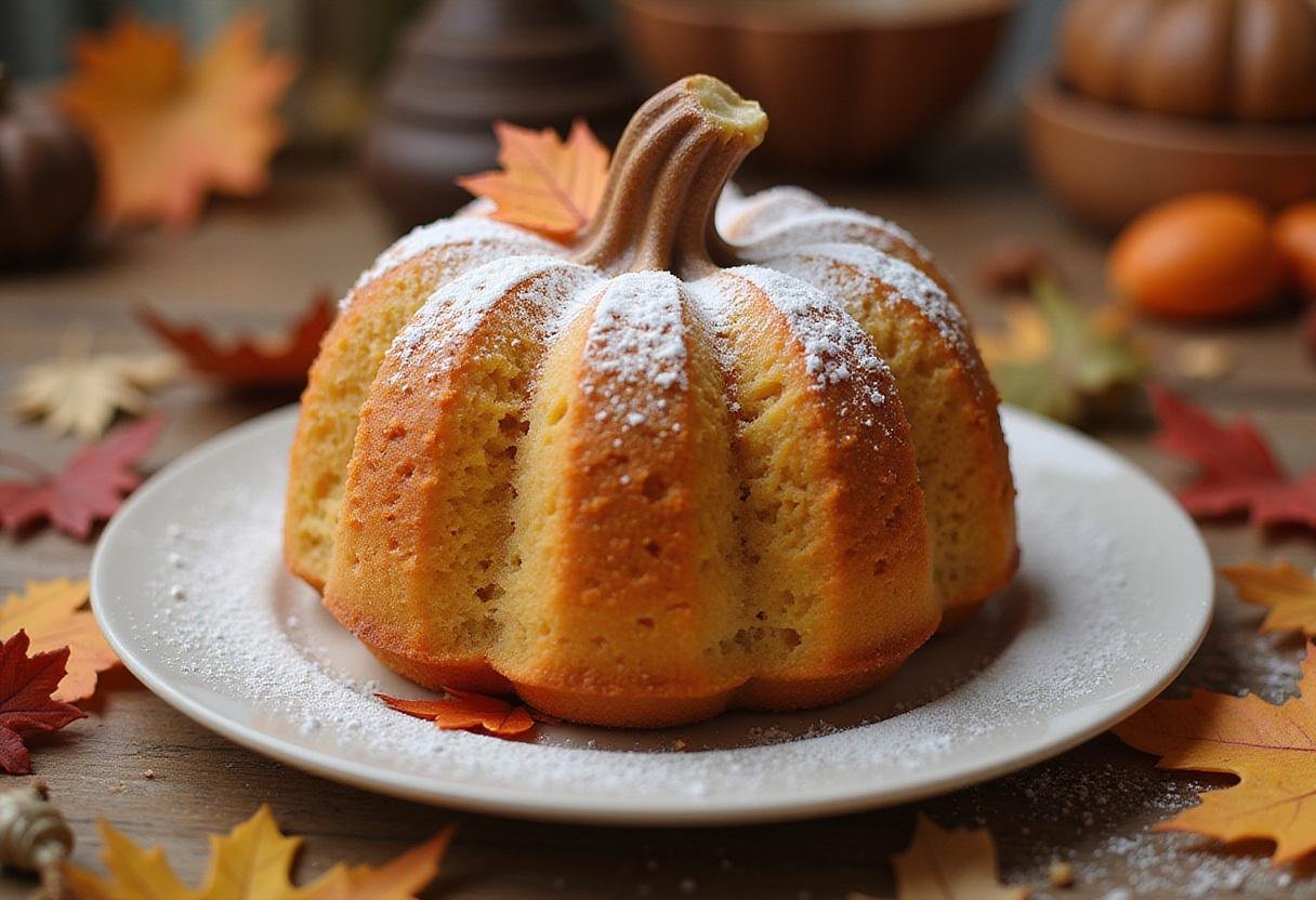 Deliciously decorated pumpkin shaped cake ready to serve for fall celebrations