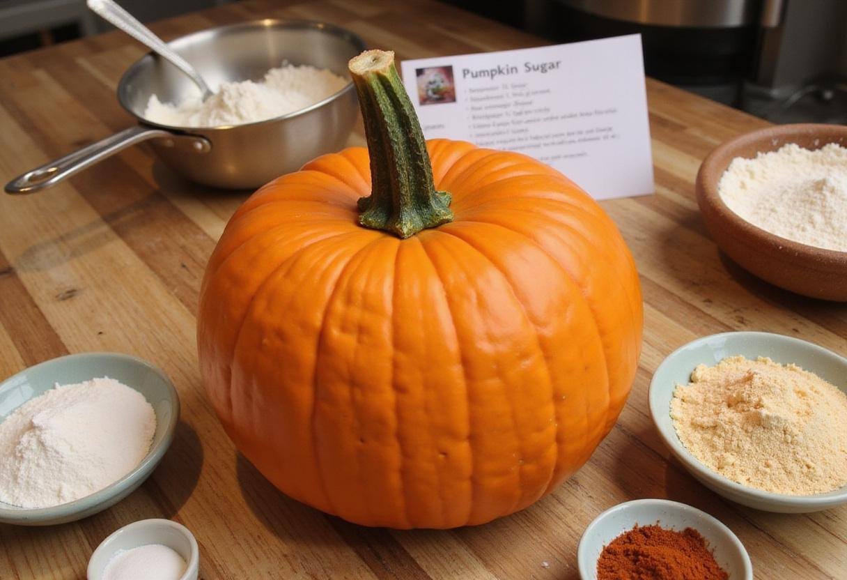Ingredients for pumpkin shaped cake with a fresh pumpkin on the counter