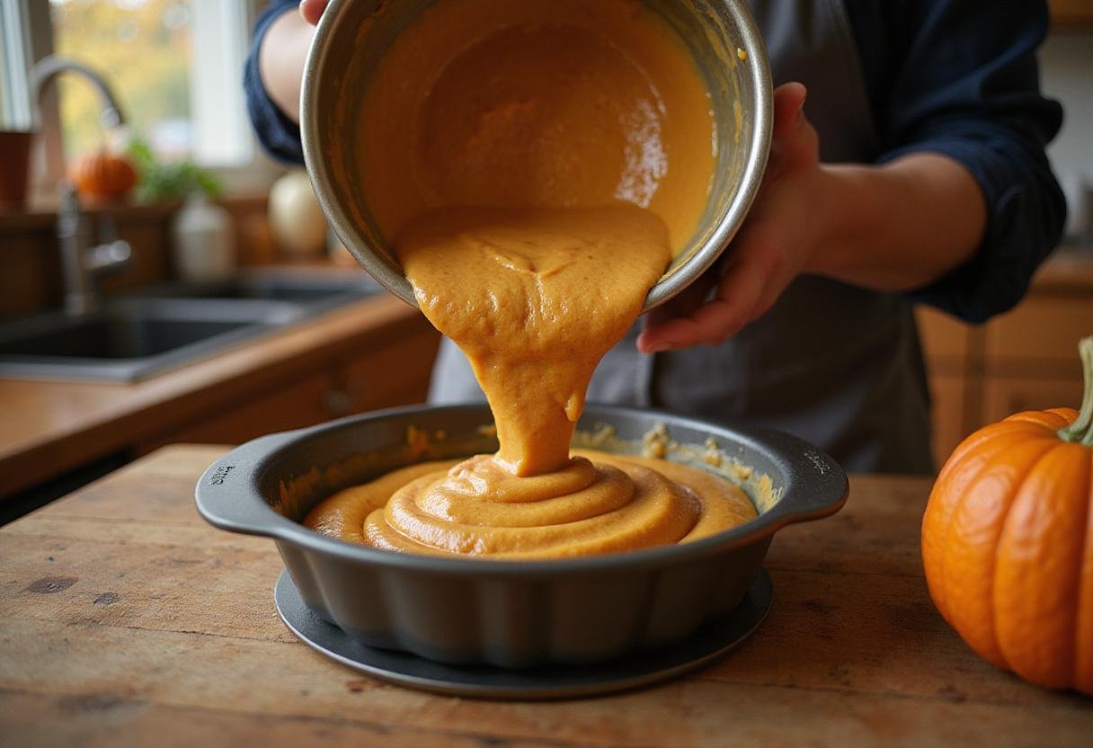 Pouring batter into pumpkin-shaped cake pan for a festive dessert