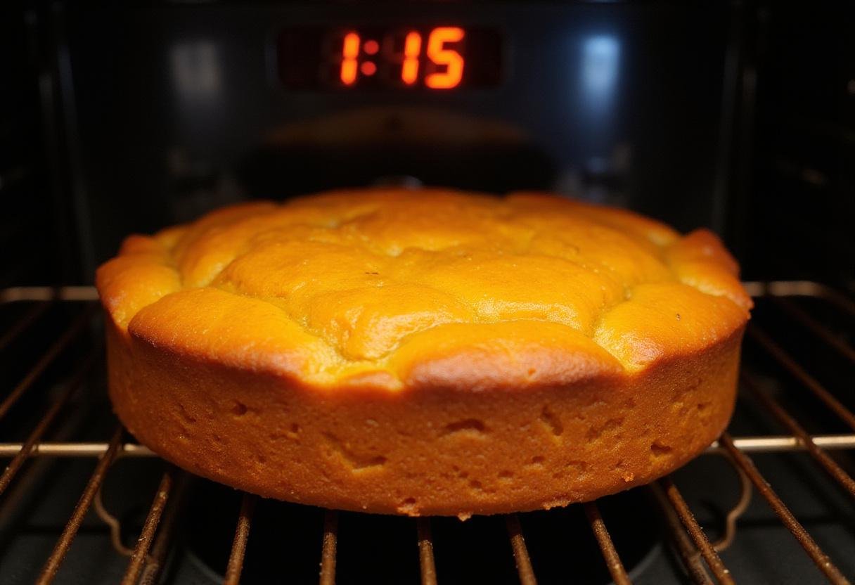 Baking a pumpkin shaped cake in the oven until golden brown