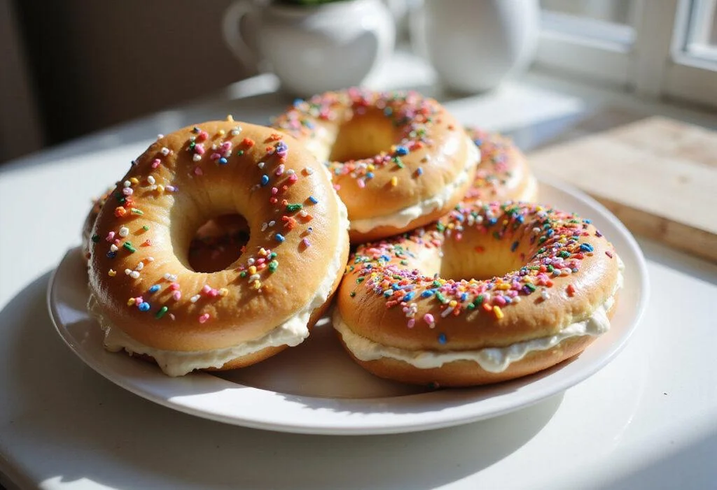 A vibrant display of radiant rainbow bagels with cream cheese and sprinkles, perfect for serving as a delightful breakfast treat.
