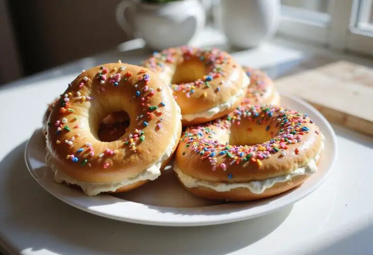 A vibrant display of radiant rainbow bagels with cream cheese and sprinkles, perfect for serving as a delightful breakfast treat.