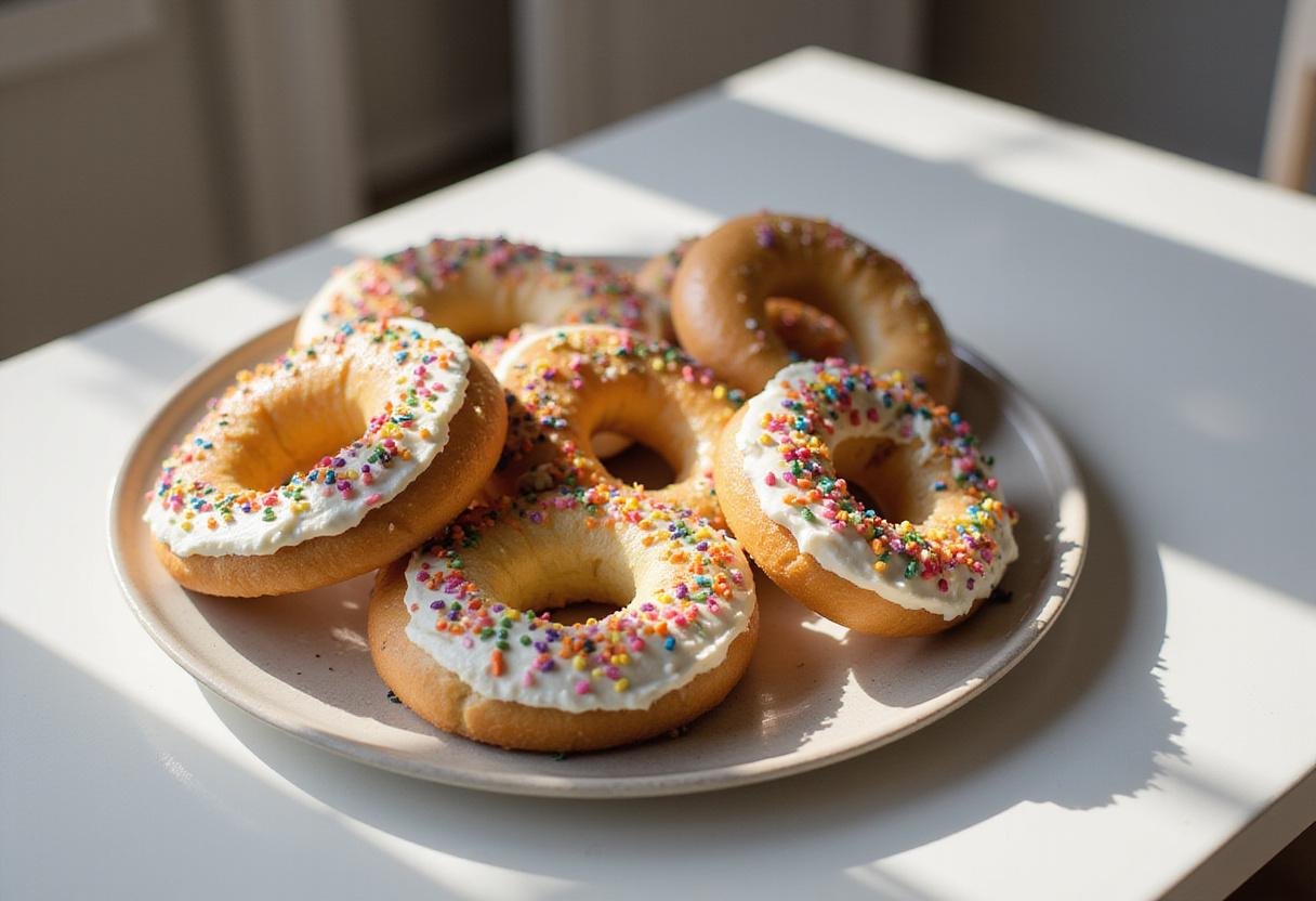 A vibrant display of radiant rainbow bagels with cream cheese and sprinkles, perfect for serving as a delightful breakfast treat.
