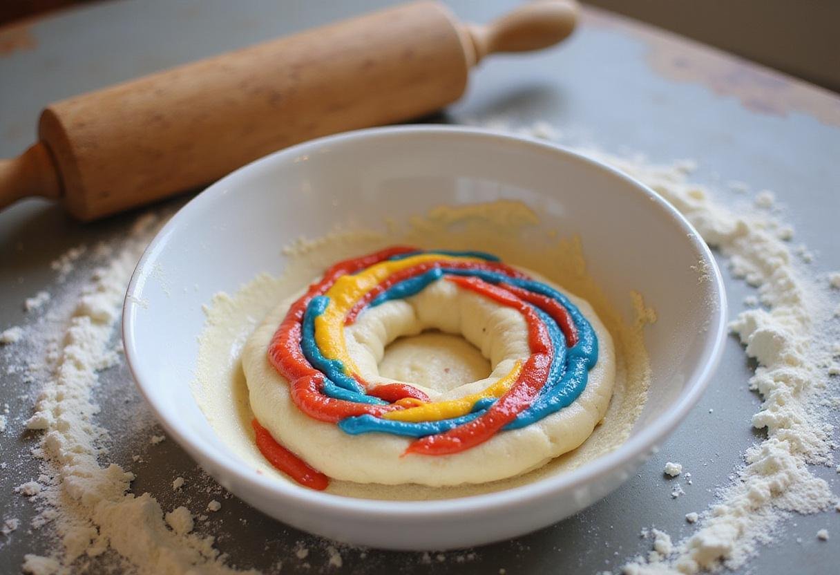 Mixing colorful food coloring into bagel dough for a vibrant rainbow bagel recipe.