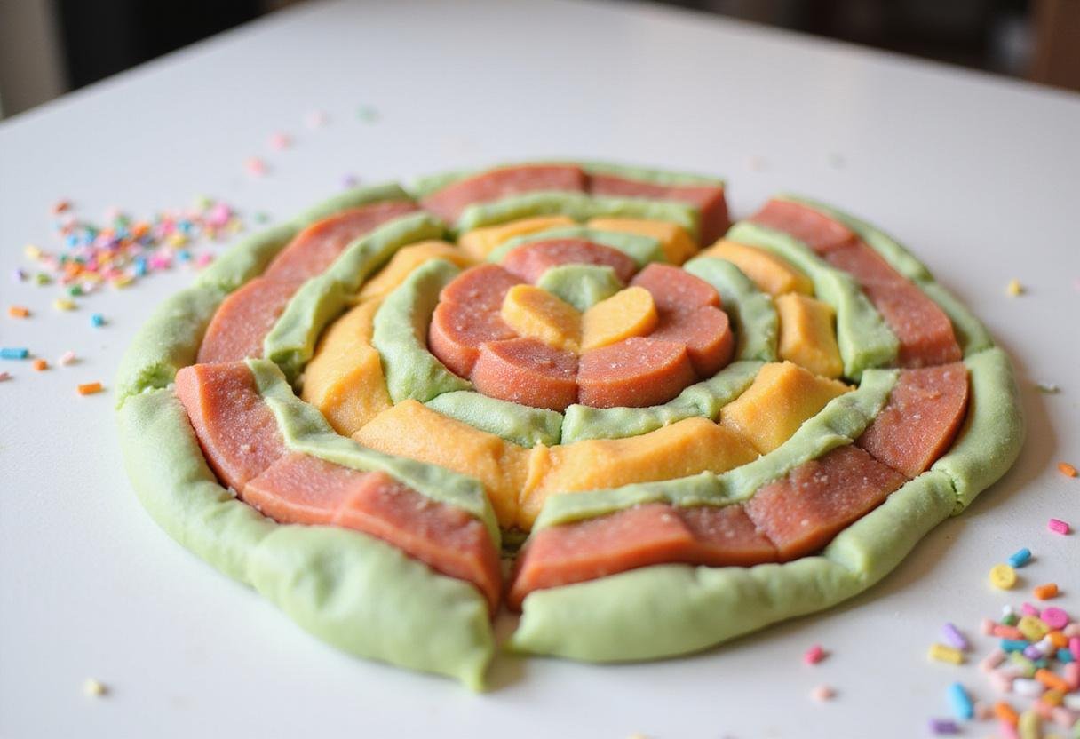 Dividing the colorful dough to create swirls for rainbow bagels, perfect for a fun baked treat.