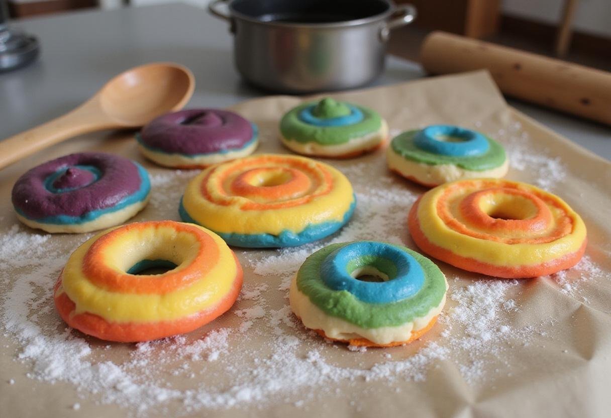 Shaping spirals of rainbow dough into bagel forms as part of the bagel-making process.