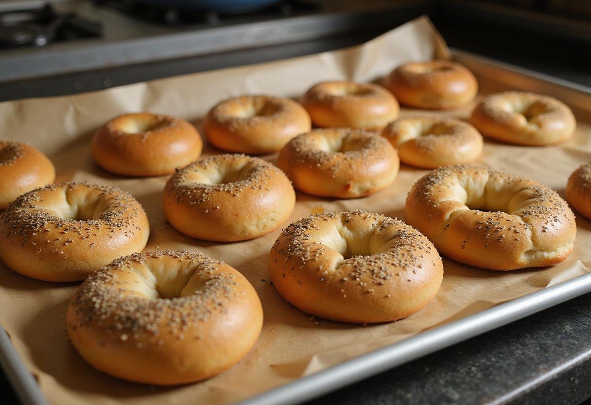 Placing freshly boiled rainbow bagels on a baking sheet, preparing them for baking in the oven.