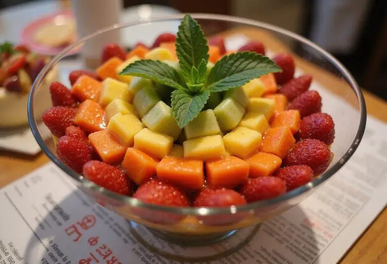 Final presentation of a radiant rainbow fruit explosion salad, showcasing a vibrant and colorful fruit salad.