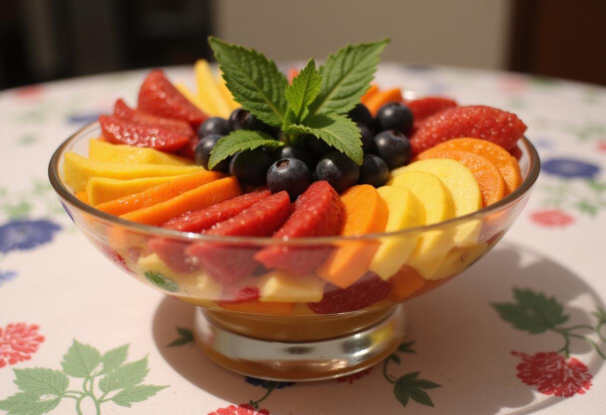 Final presentation of a radiant rainbow fruit explosion salad, showcasing a vibrant and colorful fruit salad.