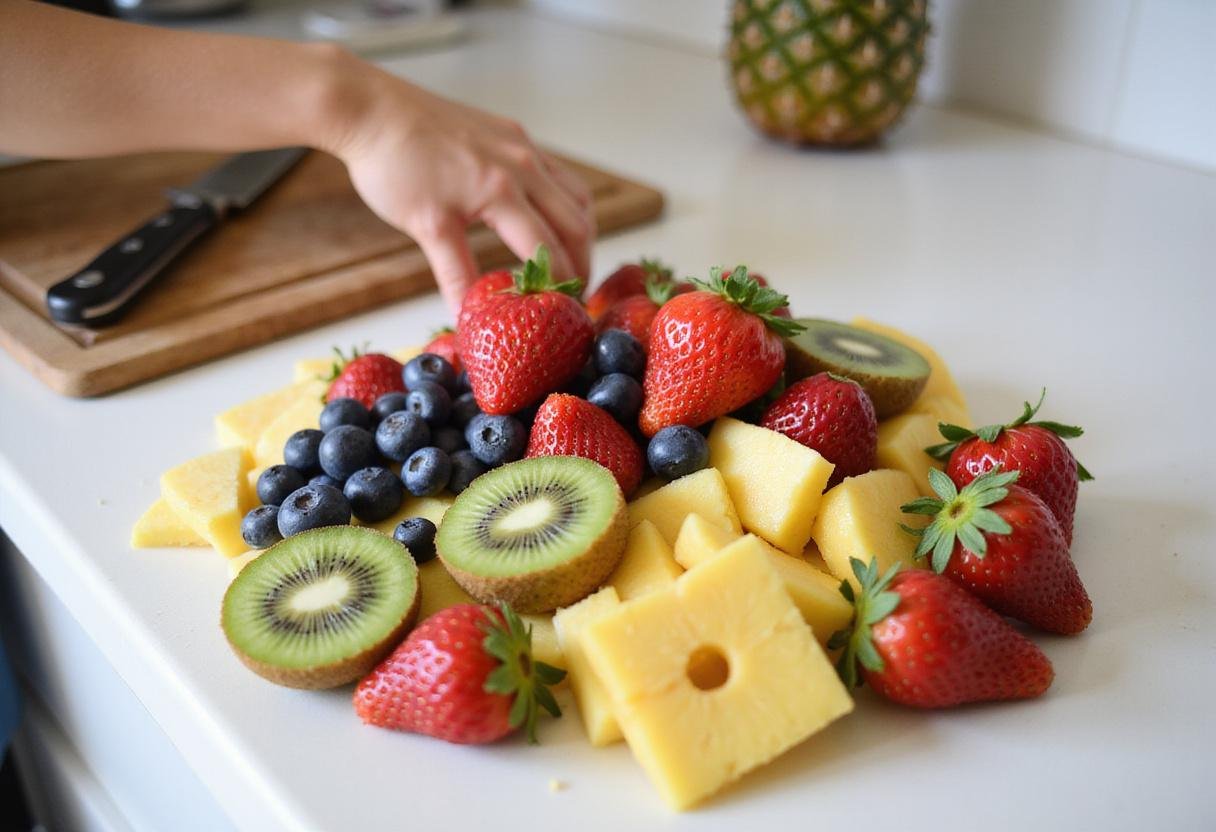 Fresh fruit preparation for a rainbow fruit salad recipe showcasing strawberries, blueberries, kiwi, and pineapple.